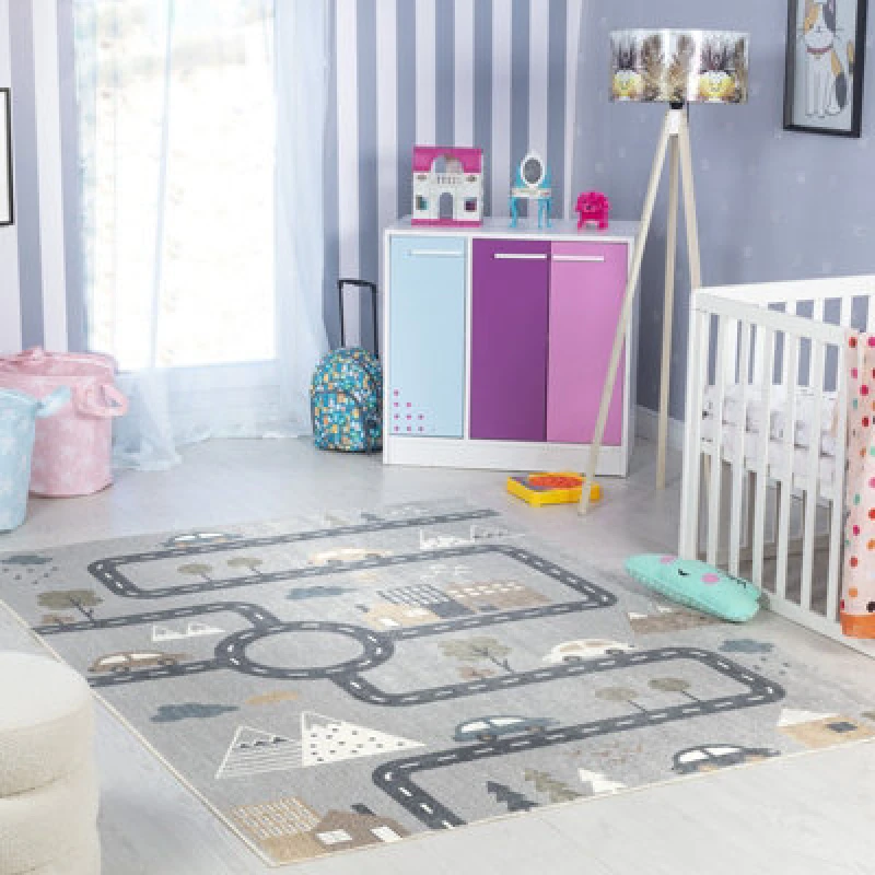 Image of Livabliss Kids Machine Washable Blue/grey Bedroom Vroomville Area Rug 160 X 213cm - Easy Care, Soft & Safe Rug For Kids Spaces
