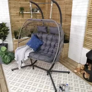 Image of Samuel Alexander - Grey Luxury 2 Seater Double Hanging Egg Chair Garden Outdoor Swing Folding Cocoon Chair Rattan Garden Furniture Indoor & Outdoor