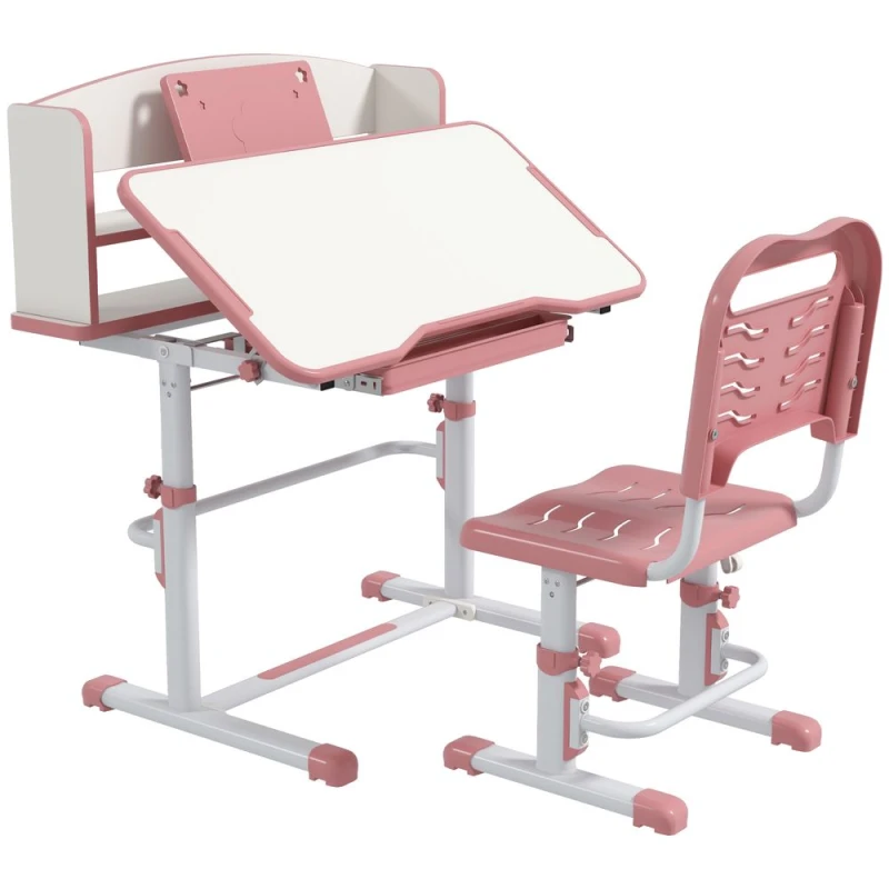 Image of Zonekiz Zonekiz Height Adjustable Kids Desk And Chair Set, With Drawer, Bookshelf, Pink 312-106V80PK