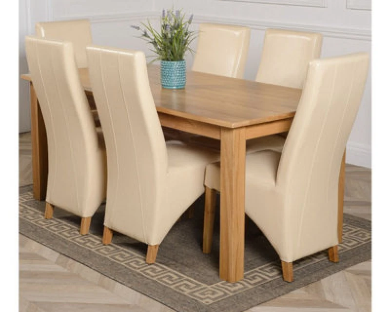 Image of Thats Furniture Oslo 180 x 90cm Large Oak Dining Table & 6 Lola Leather Chairs in Cream Cream Unisex 180 x 90 cm