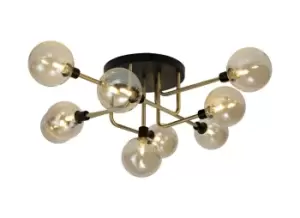 Image of Flush Semi Flush Ceiling, 9 Light G9, Matt Black, Antique Brass, Cognac Glass