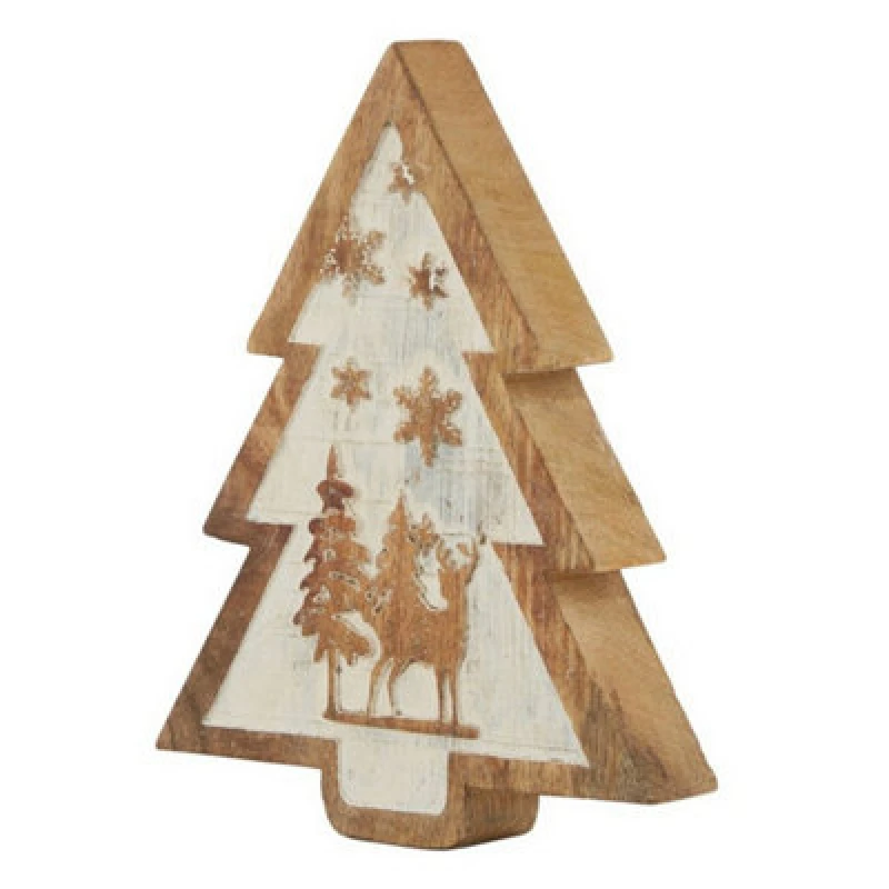 Image of Hill Interiors Natural Snow Scene Tree Decoration - Wood - L4 X W15 X H20 Cm - Brown