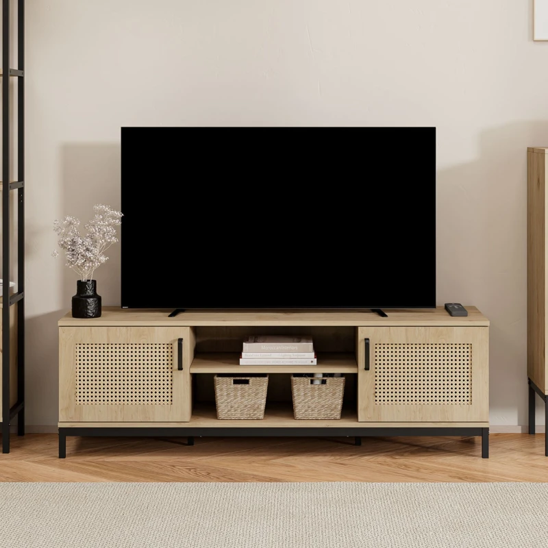 Image of VonHaus Lena Rattan 2 Door with Shelves TV Unit Brown