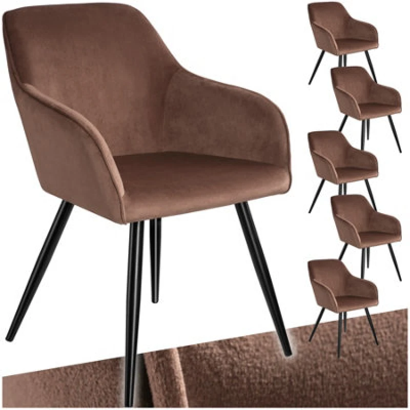 Image of Tectake Set Of 6 Dining Chair Marilyn - With Armrests, Padded, Velvet Look, Black Steel Legs - Brown/black