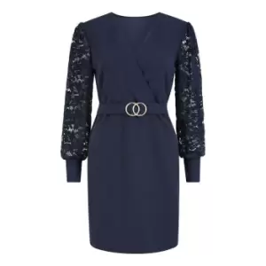 Image of Mela London Navy Lace Sleeve Dress With Belt Detail - Blue