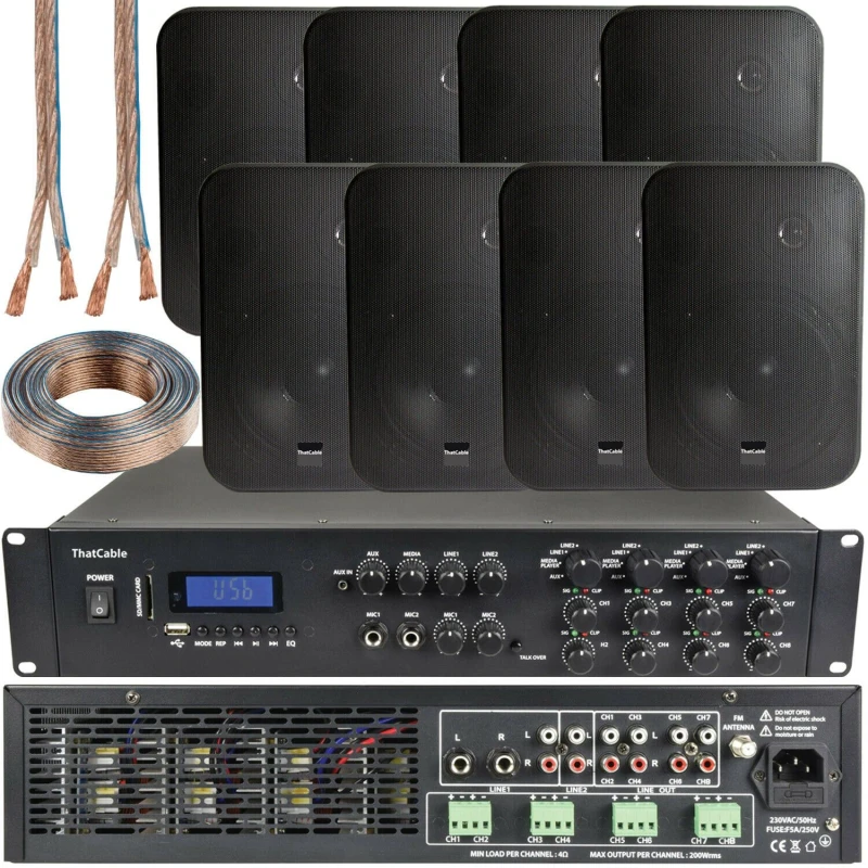 Image of Loops 1600W Bluetooth Sound System 8x 200W Black Wall Speaker 8 Zone Matrix Amplifier Black unisex