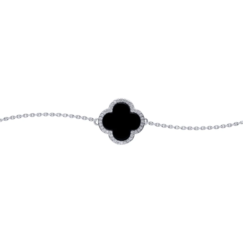 Image of Jewelco London Silver Black Clover Onyx CZ Halo Lucky Charm Bracelet 7-8.5" - ABB241 Silver