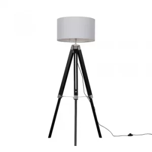 Image of Clipper Black Wood Floor Lamp with XL Cool Grey Reni Shade