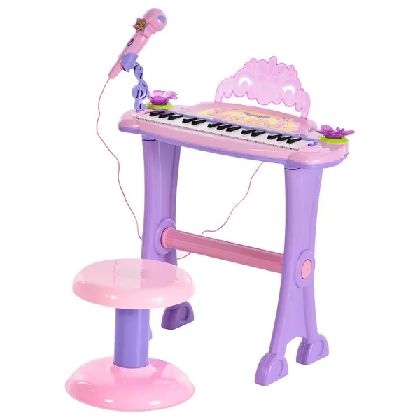 Image of HOMCOM Mini Battery Organ Piano Microphone Stool 32 Key Keyboard Kids Toy Pink