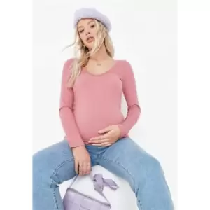 Image of Missguided Ribbed V Neck Fitted Tee Ls - Purple