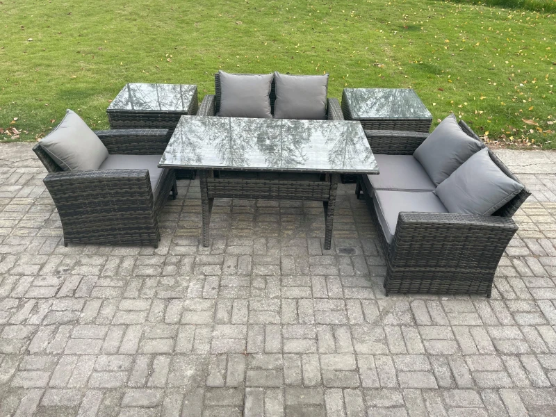 Image of Fimous Wicker Rattan Garden Dining Set Outdoor Furniture Sofa with Dining Table Double Seat Sofa 2 Side Tables Dark Grey Mixed Dark Grey Unisex