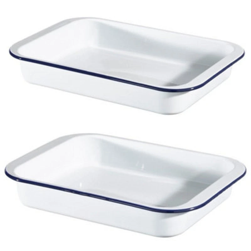 Image of Hairy Bikers Large & Medium White Enamel Steel Roasting Tin Set Oven Dishes