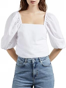 Image of Ted Baker Square Neck Embroidery Sleeve Top - White, Size 4=14, Women