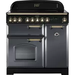 Image of Rangemaster Classic Deluxe CDL90EISL/B 90cm Electric Range Cooker with Induction Hob - Slate Grey / Brass - A/A Rated