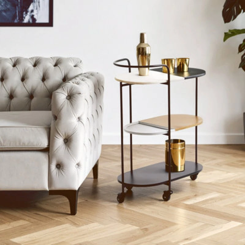 Image of Orsina 3-Tier Trolley, Black And White Marble Top Bar Cart, 3 Tier Trolley On Wheels, Metal Trolley With Wheels