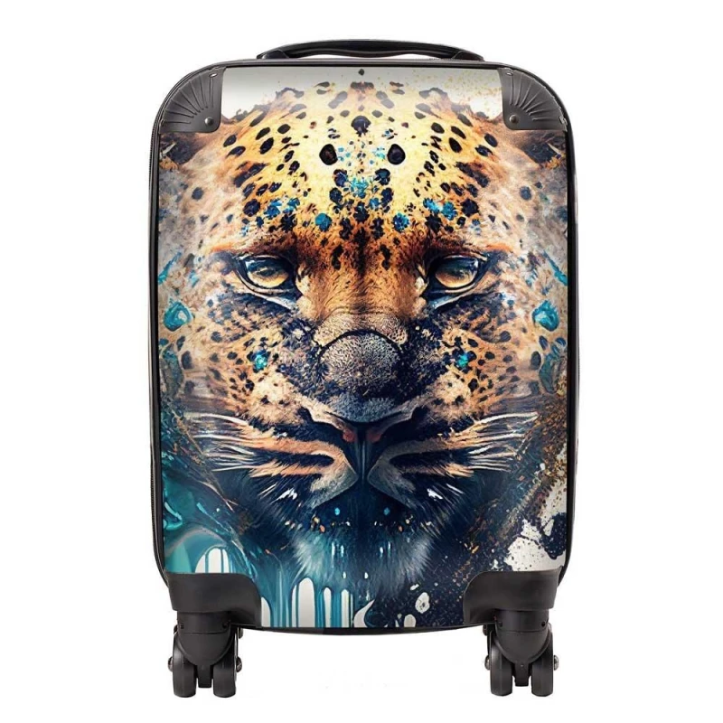 Image of Warren Reed - Designer Leapoard Face Splashart On Light Background Suitcase in Yellow Size: Medium Yellow Unisex Medium