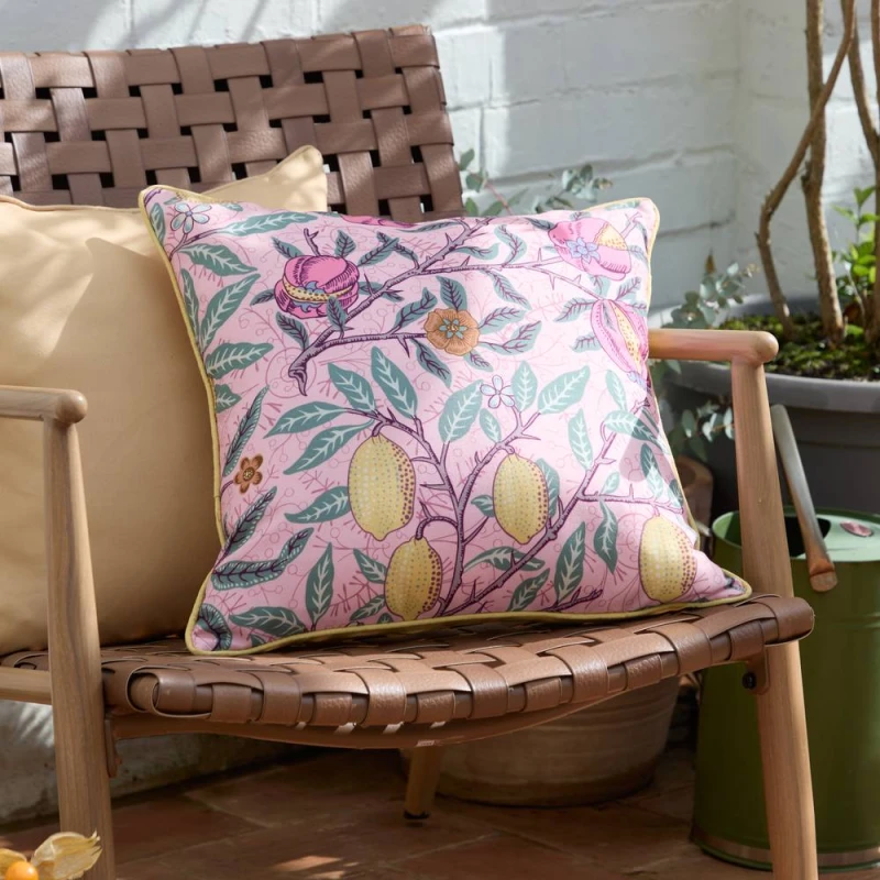 Image of Morris & Co Fruits Outdoor Cushion in Pink Size: 45cm x 45cm Pink Unisex 45cm x 45 cm
