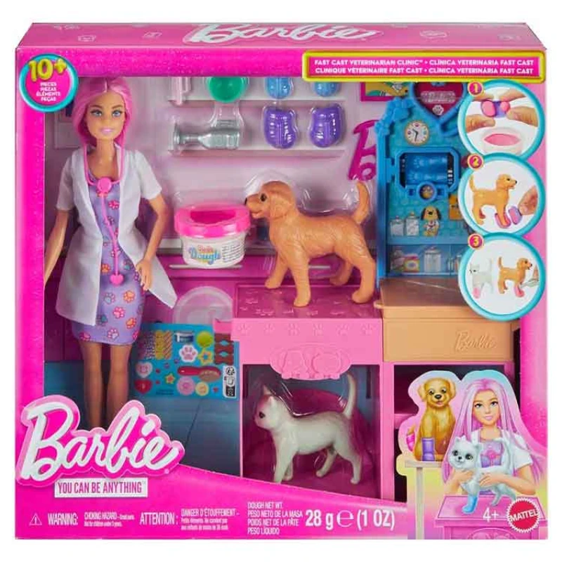 Image of Barbie Fast Cast Veterinarian Clinic Playset with Pink Colored Hair Fashion Doll Vet Furniture & 10+ Accessories Including Molds & Dough for Bandages