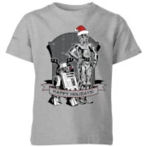 Image of Star Wars Happy Holidays Droids Kids Christmas T-Shirt - Grey - 5-6 Years