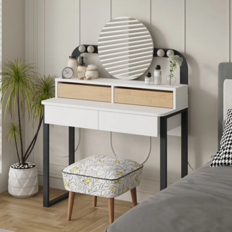 Image of Decortie Dressing Table With Mirror & LED Light 96X132Cm 2 Drawers Wall-mounted,white, Oak, Multi 8683628015797