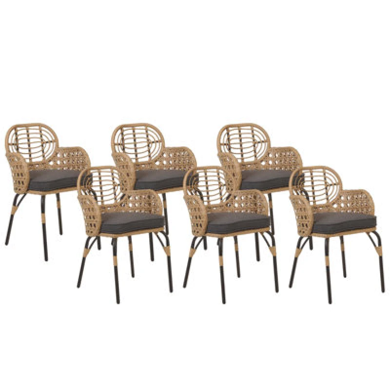 Image of Beliani Set Of 6 Garden Chairs With Cushions Pratello Pe Rattan Natural