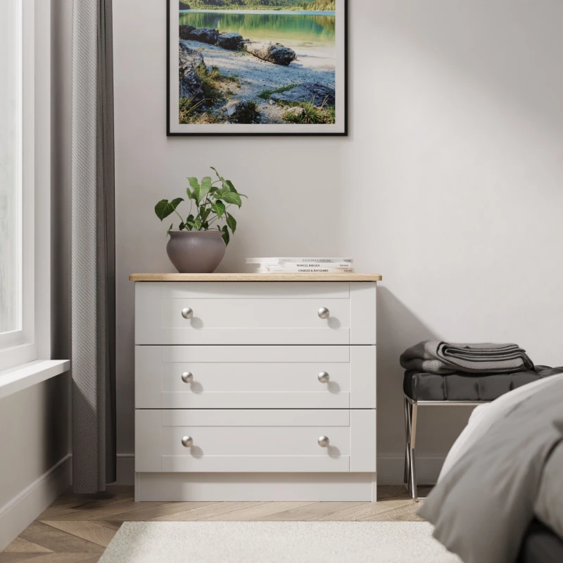 Image of Santander Ready Assembled Matt Grey & Oak 3 Drawer Wide Chest (H)692mm (W)765mm (D)415mm