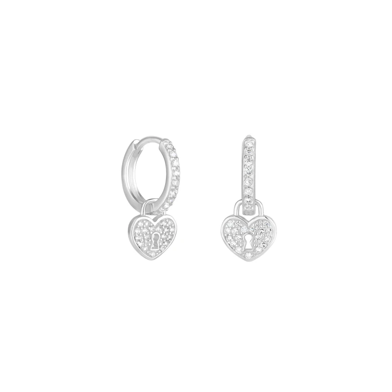 Image of Simply Silver Sterling Silver 925 Pave Padlock Charm Hoop Earrings Silver female