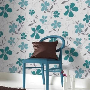 Image of Superfresco Easy Teal & Silver Rapture Floral Wallpaper - One size - green