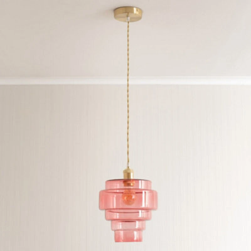 Image of ValueLights ValueLights Lane Glass 5 Tier Shade Brushed Gold Ceiling Pendant Light and Bulb in Bright Pink Bright Pink One Size Unisex 5059406063855