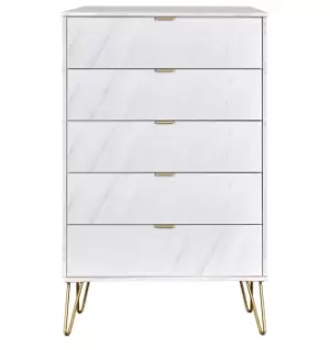 Image of Hirato Ready Assembled 5 Drawer Chest Marble Gold Metal Hairpin Legs