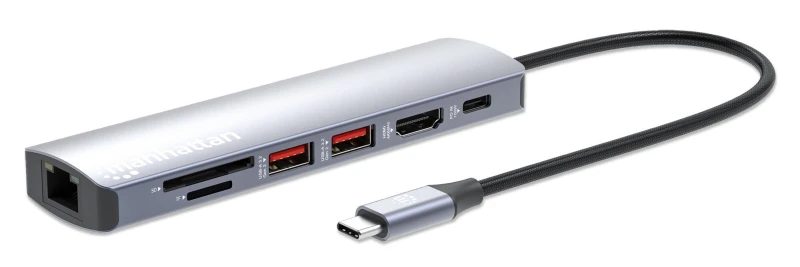 Image of Manhattan Manhattan USB-C Dock/Hub with Card Reader, Ports (x5): Ethernet, HDMI, USB-A (x2) and USB-C, With Power Delivery (100W) to USB-C Port (Note