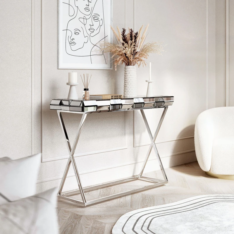 Image of CARME HOME Knightsbridge - Luxury Mirrored Console Table 3D Glass Effect Chrome Crossed Legs Grey Silver Modern Hallway Living Room Furniture 50606357