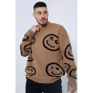 Image of I Saw It First Camel Cross Eye Smiley Face Jumper - Brown
