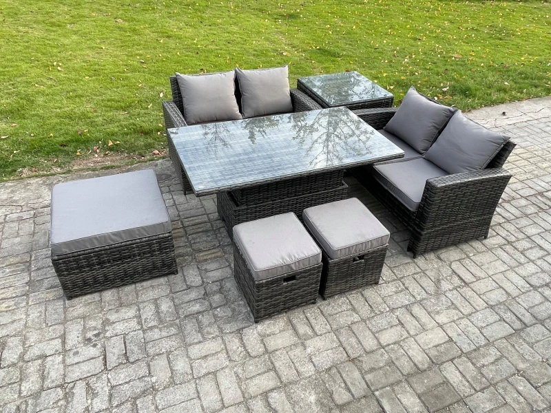Image of Fimous 7 Seater Wicker Rattan Garden Furniture Rising Table Set with Side Table 3 Footstool Double Seat Sofa Side Table Dark Grey Mixed Dark Grey Unis