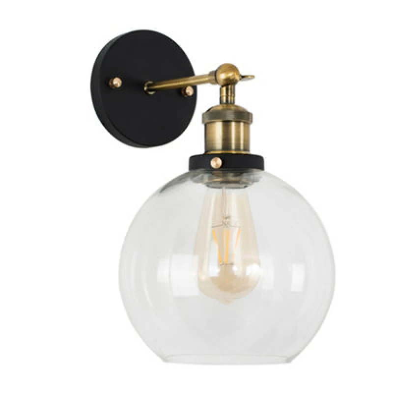 Image of ValueLights Sheridan Industrial Amber Glass Bowl Gold Trim Black Wall Light with LED Bulb Clear