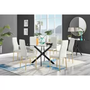 Image of Furniture Box Novara Black Leg 120Cm Round Glass Dining Table and 6 Cream Velvet Milan Gold Leg Chairs
