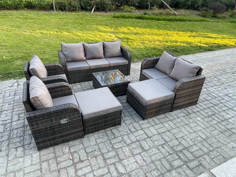 Image of Fimous 9 Seater Outdoor Rattan Garden Furniture Set Conservatory Patio Sofa Coffee Table With 2 Big Footstool Love Sofa Dark Grey Mixed Dark Grey