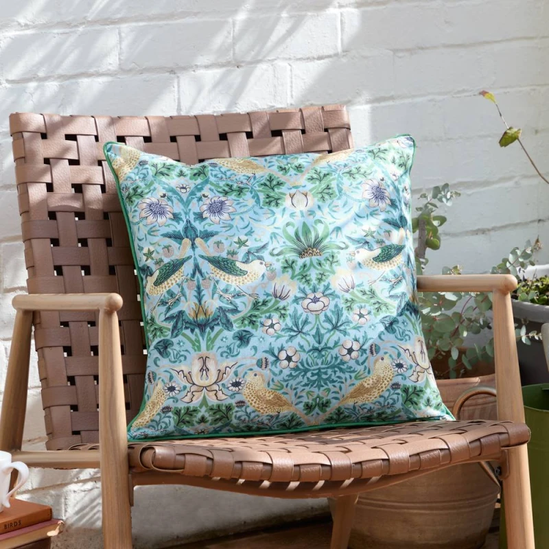 Image of Morris & Co Strawberry Thief Piped Outdoor Cushion in Blue Size: 50cm x 50cm Blue Unisex 50cm x 50 cm