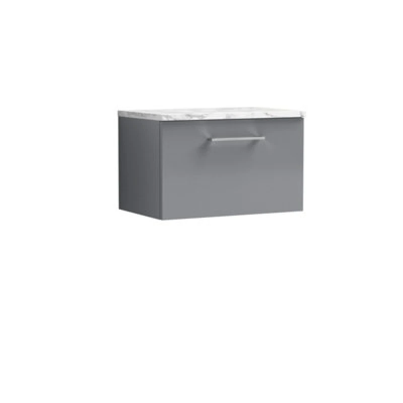 Image of NUIE Arno Wall Hung 1-Drawer Vanity Unit with Carrera Marble Worktop 600mm Wide - Satin Grey - Nuie ARN2222LCM