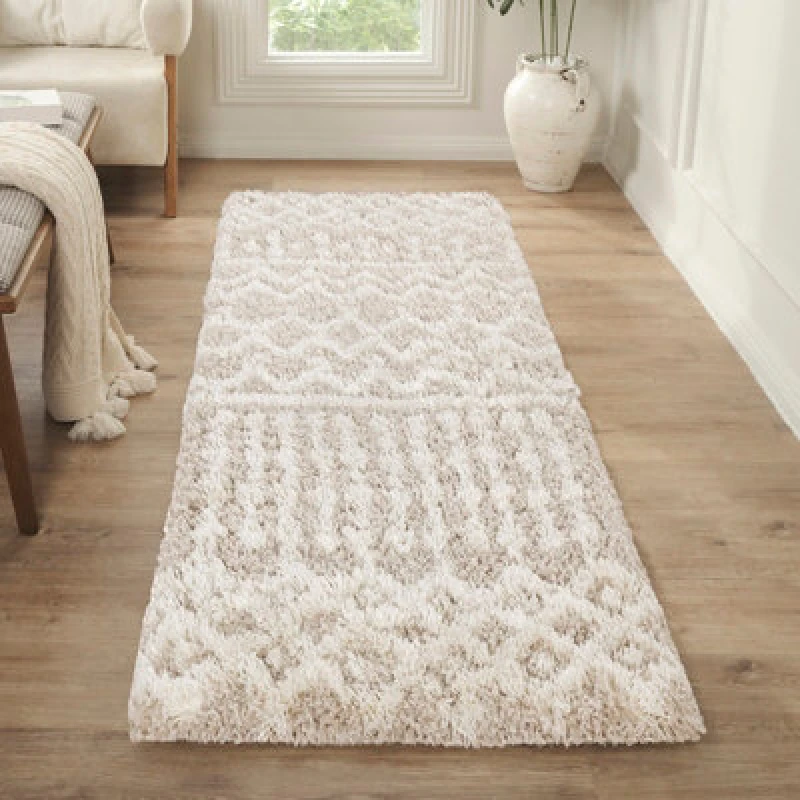 Image of Livabliss Shaggy Geometric Plush Pile Cream Beige Nour Runner Rug 80 X 150 Cm - Easy Care, Non Shedding, Ideal For Living Room & Bedroom