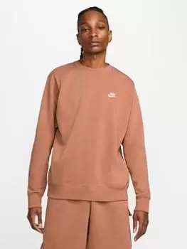 Image of Nike NSW Club Fleece Crew Sweat Top - Brown, Brown Size M Men
