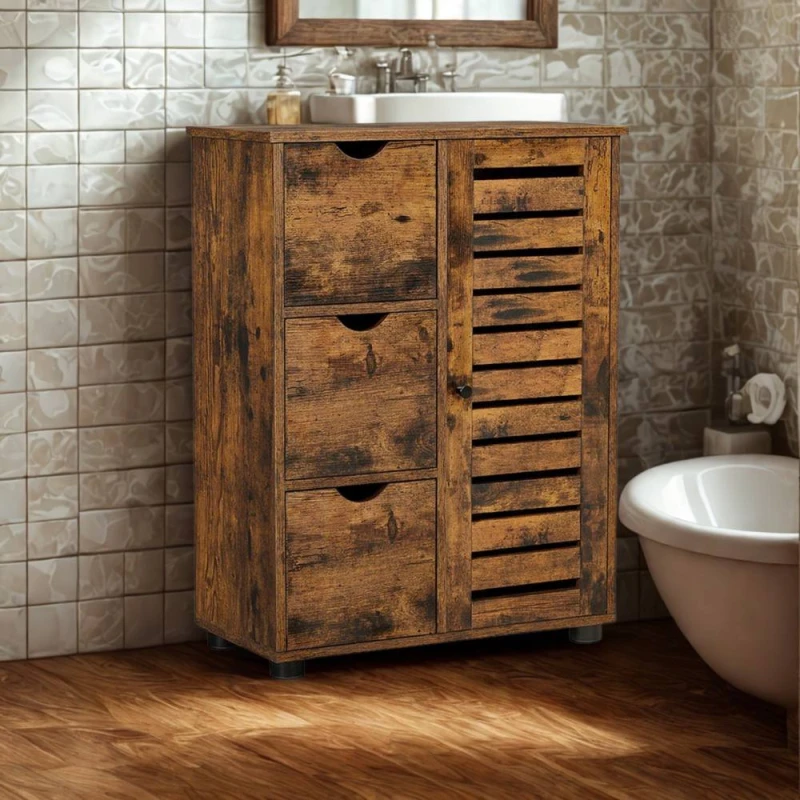 Image of Pirlo Plush Bathroom Storage Cupboard Floor Cabinet With 3 Drawers in Brown Brown Unisex