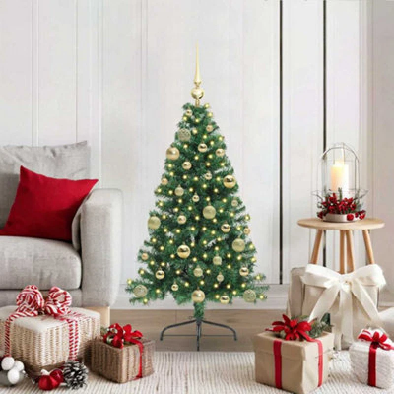 Image of vidaXL Artificial Pre-lit Christmas Tree with Gold Balls Green 120cm PVC, Green 3396993