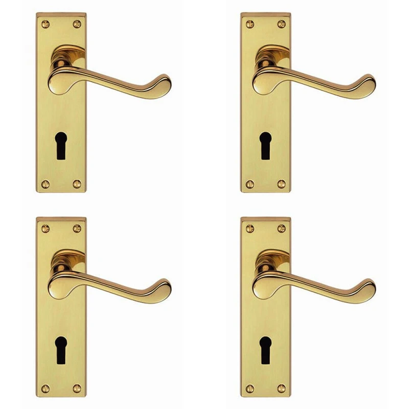 Image of Loops 4x PAIR Victorian Scroll Handle on Lock Backplate 150 x 43mm Polished Brass Metallics