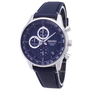 Image of Mens Chronograph Quartz Stainless Steel Watch with Blue Dial & Leather Belt