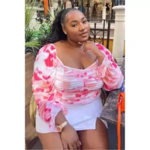 Image of I Saw It First Pink Plus Size Mesh Milkmaid Sleeve Ruched Front Top - Pink