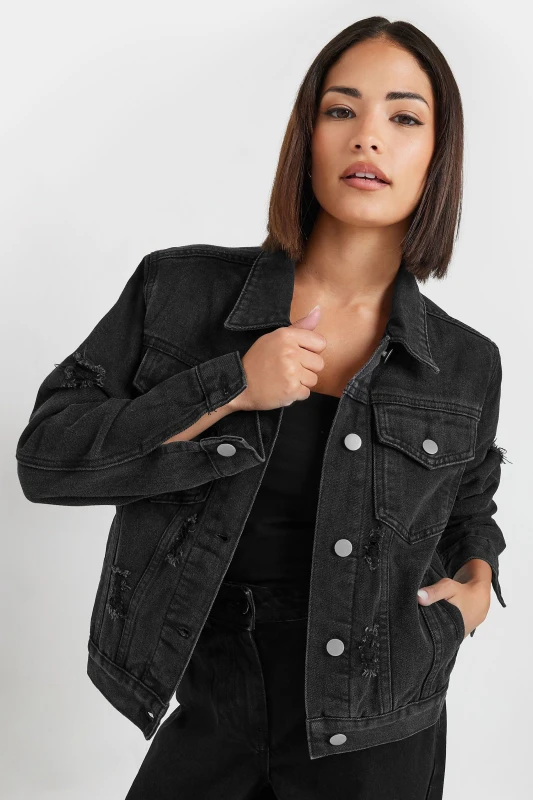 Image of PixieGirl Womens Petite Denim Jacket in Black Size: 10 Black Female 10