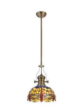 Image of 1 Light Telescopic Ceiling Pendant E27 With 30cm Tiffany Shade, Antique Brass, Blue, Orange, Crystal