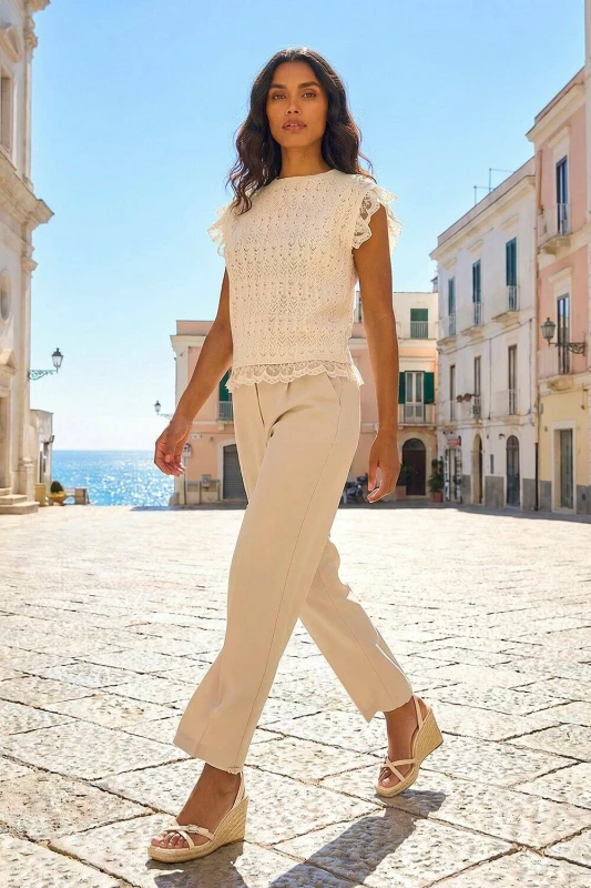 Image of Roman Womens Frill Lace Knitted Top in Cream Size: Large Cream Female L