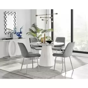 Image of Furniturebox Palma White Marble Effect 120cm Round Minimalist Dining Table & 4 Grey Pesaro Silver Leg Velvet Chairs